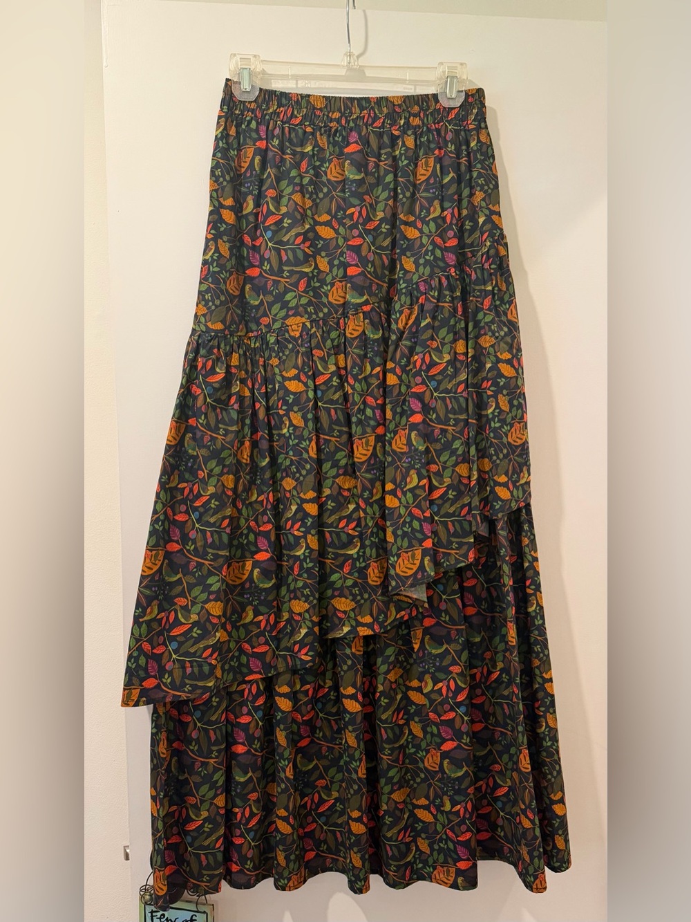 Floral Tiered Maxi Skirt - Black with Multicolor Leaf Print - Picture 2 of 2
